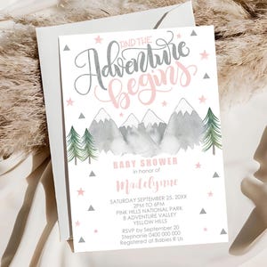 ADVENTURE BEGINS Girl Baby Shower Invitation Girl Adventure Baby Shower Invitation Pink Adventure Begins Invitation Girl Editable Corjl 0237