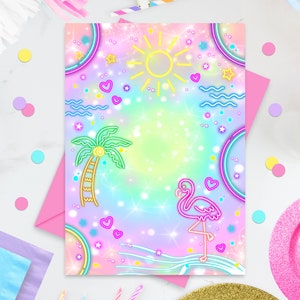 May include: A pink and blue digital illustration of a flamingo, palm tree, sun, and stars on a rainbow background. The illustration is surrounded by a neon pink, blue, and green border.