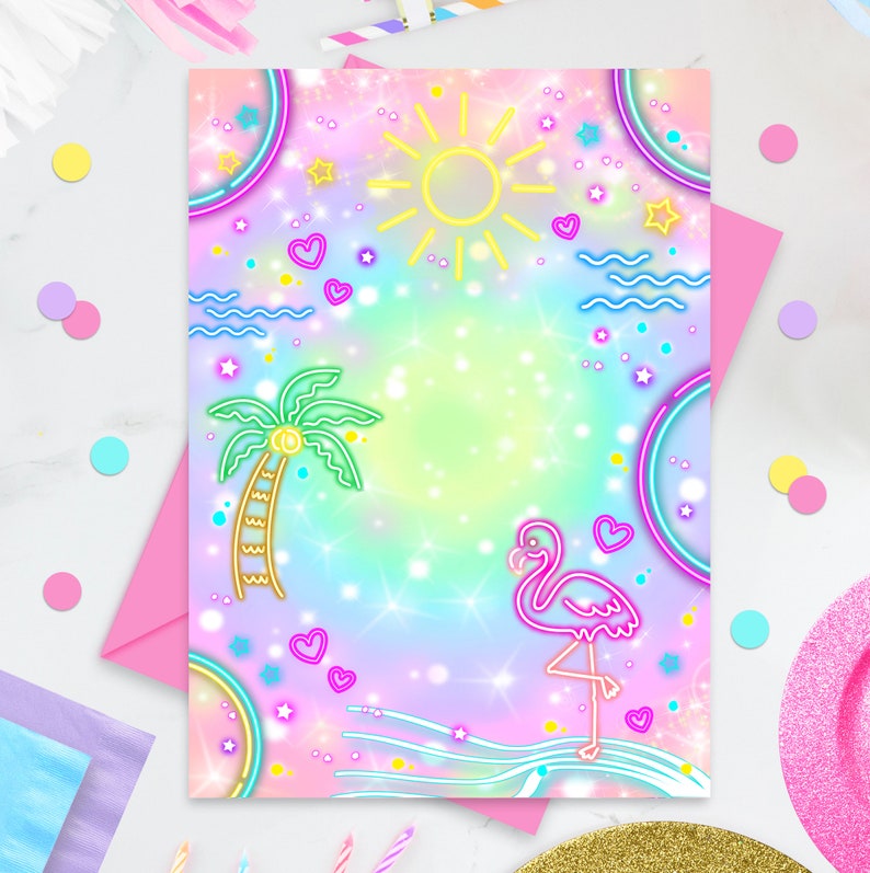 May include: A pink and blue digital illustration of a flamingo, palm tree, sun, and stars on a rainbow background. The illustration is surrounded by a neon pink, blue, and green border.