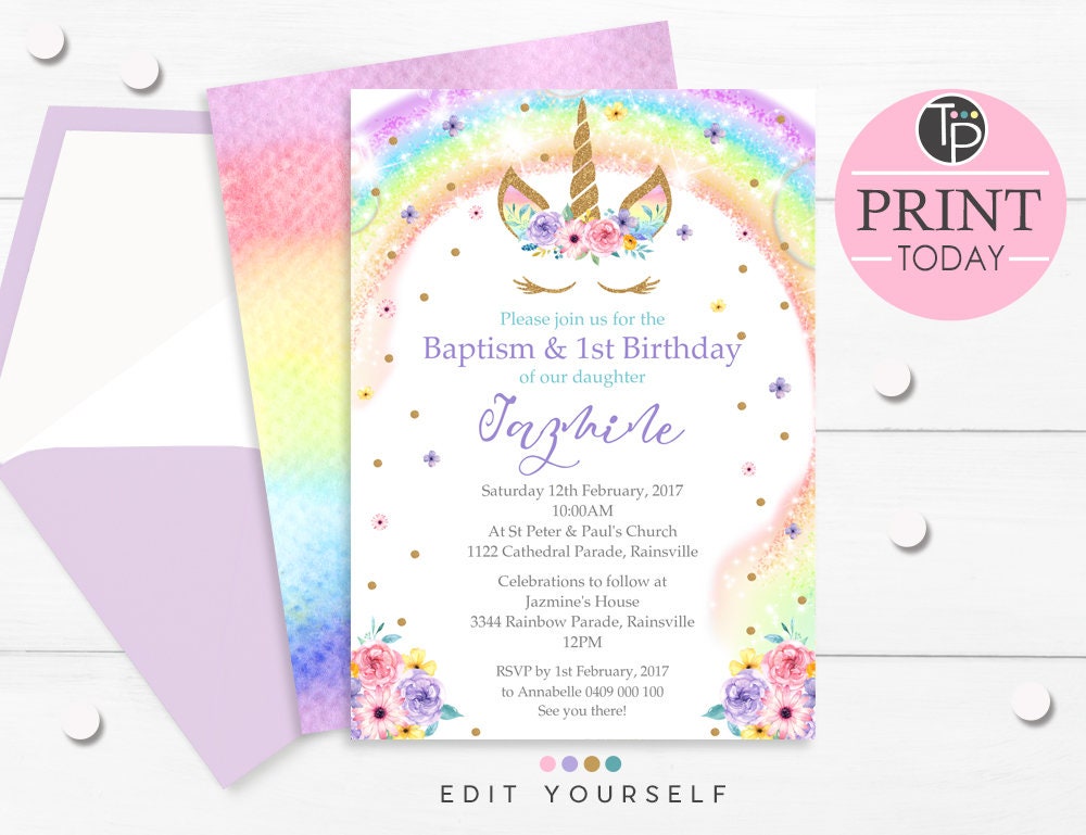 RAINBOW UNICORN Baptism Invitation Rainbow Unicorn Baptism 1st Etsy