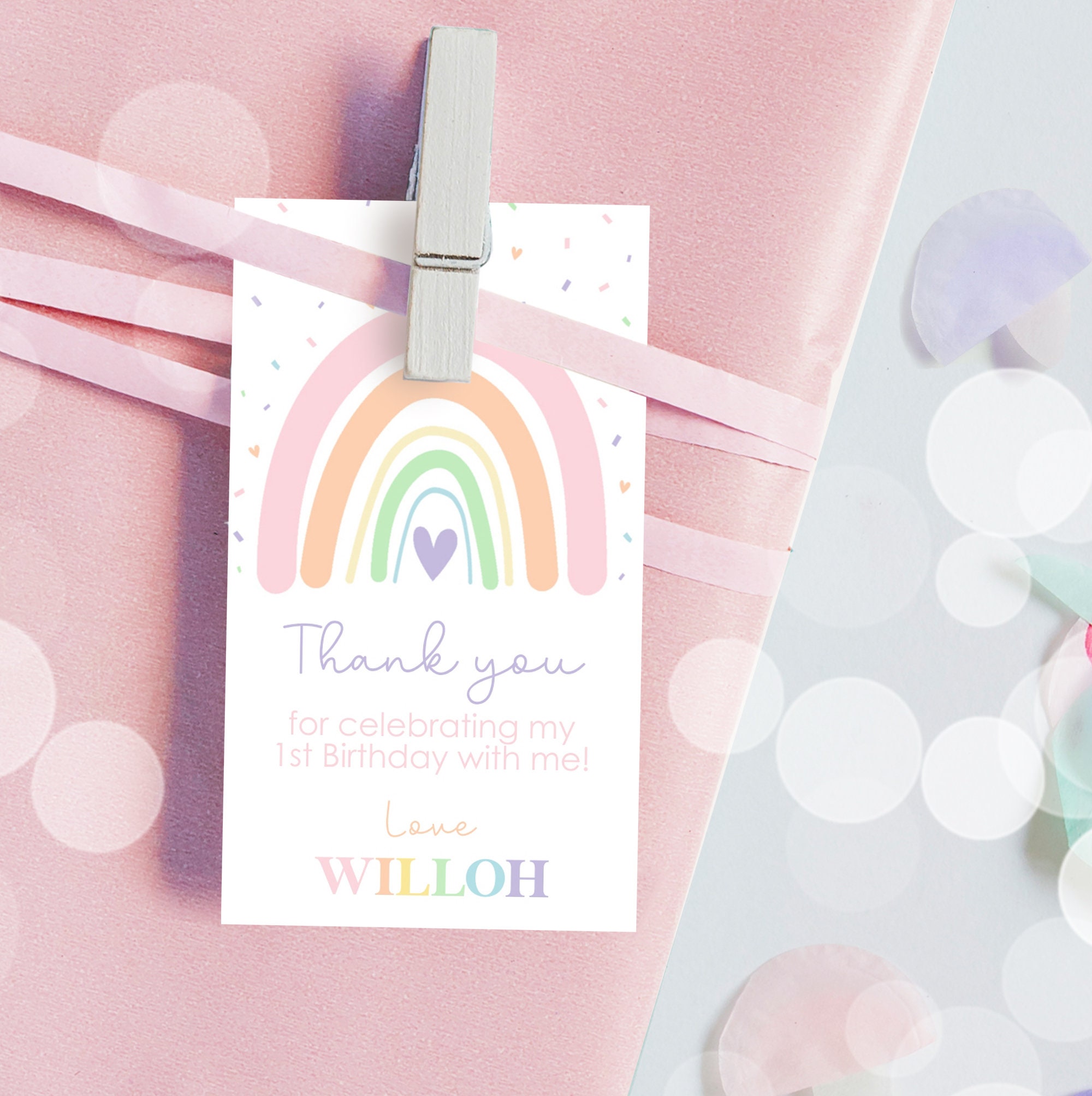 Fancy Frame Kids Party Favor Thank You Tags with String, 40-Pack Floral Rainbow Birthday Gift Tags for Gift Bags, Favor Bags, Goody Bags, Girls Boho B