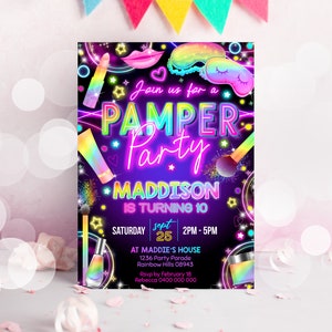 PAMPER PARTY INVITATION Editable Pamper Birthday Invitation Spa Party Glamour Girl Makeup Party Invitation Neon Pamper Party Glow Spa Invite