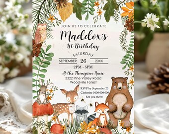 Woodland Animals Birthday Invitation: First Birthday (DIY Editable)