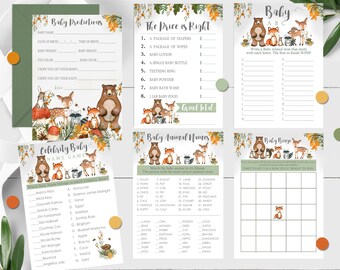Paquete de juegos para baby shower de animales del bosque (descarga digital)