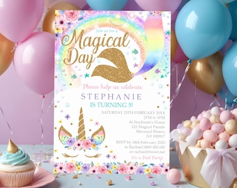 May include: A colorful invitation for a magical birthday party. The invitation features a unicorn with a floral crown and a mermaid tail with a rainbow. The text on the invitation reads "Join us for a Magical Day. Please help us celebrate Stephanie is turning 5! Saturday 25th February 20XX 2PM to 5PM at Stephanie's Home 122 Magical Parade Mermaid Waters NY 090917 RSVP by 18th February 2020 to Rachael 0409 000 000 or rachael@tweet.net It's a Pool Party!"