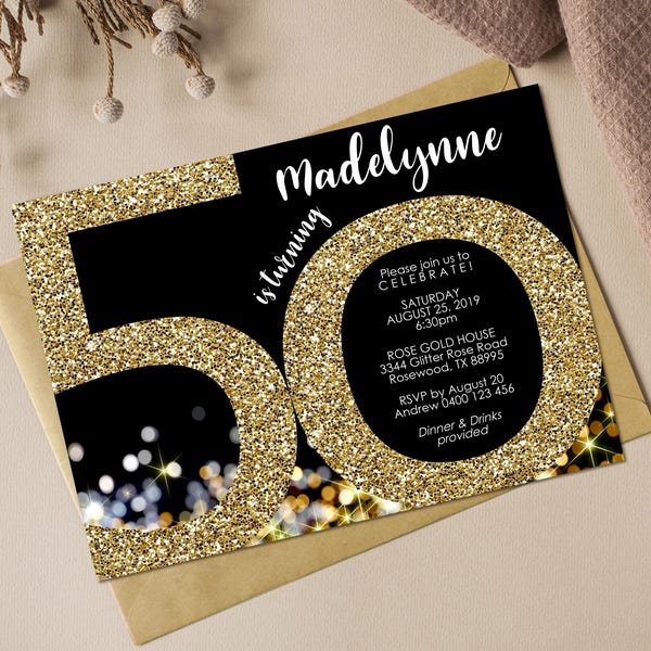 Gold Glitter 50th Birthday Invitation: Editable Party Invite (Digital Download)