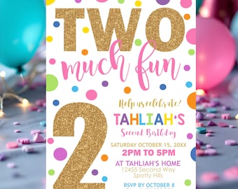 Two Much Fun Girl 2nd Birthday Invitation: Rainbow Spots Second Evite (Digital Download)