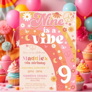 NINE IS A VIBE Birthday Invitation Editable 9 is a Vibe Groovy Birthday Invitation Digital 9th Birthday Invitation Download Retro 9th Evite