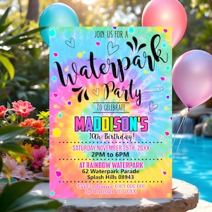 WATERPARK PARTY Einladung Mädchen Tie Dye Wasser Park Party Einladung Bearbeitbare Mädchen Pool Party Einladung Sofortiger Download Einladung Corjl