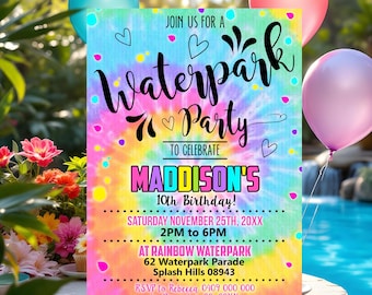 Tie Dye Waterpark Birthday Invitation: Editable Girl Party (Digital Download)