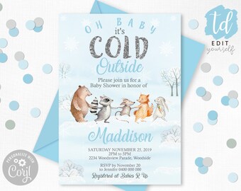 Winter Woodland Baby Shower Invitation Boy Winter Baby Shower Invitation Instant Download Oh Baby its Cold Outside Invitation Woodland Corjl