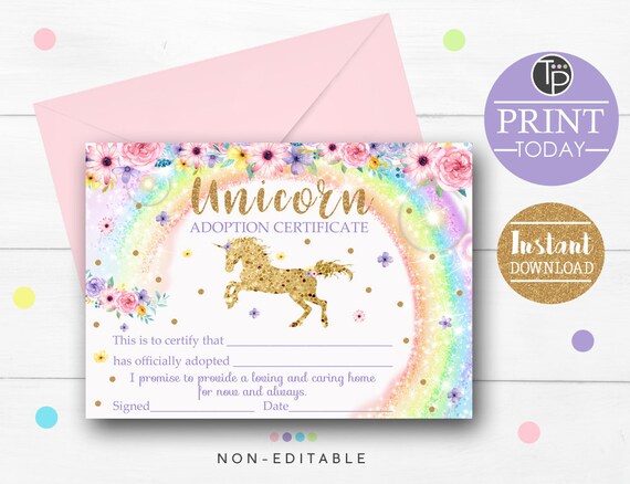 ADOPTION CERTIFICATE UNICORN Printable Unicorn Adoption - Etsy