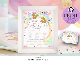 Mermaid Name Game: Rainbow Party Sign & Name Tags (Digital Download)