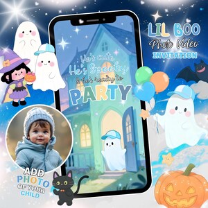 May include: A digital Halloween invitation design featuring a smartphone with a cartoon house, ghosts, and balloons. Text reads "He's cute, He's Spooky & he's ready to PARTY." Includes space to add a photo of a child. A black cat and jack-o'-lantern are also shown.
