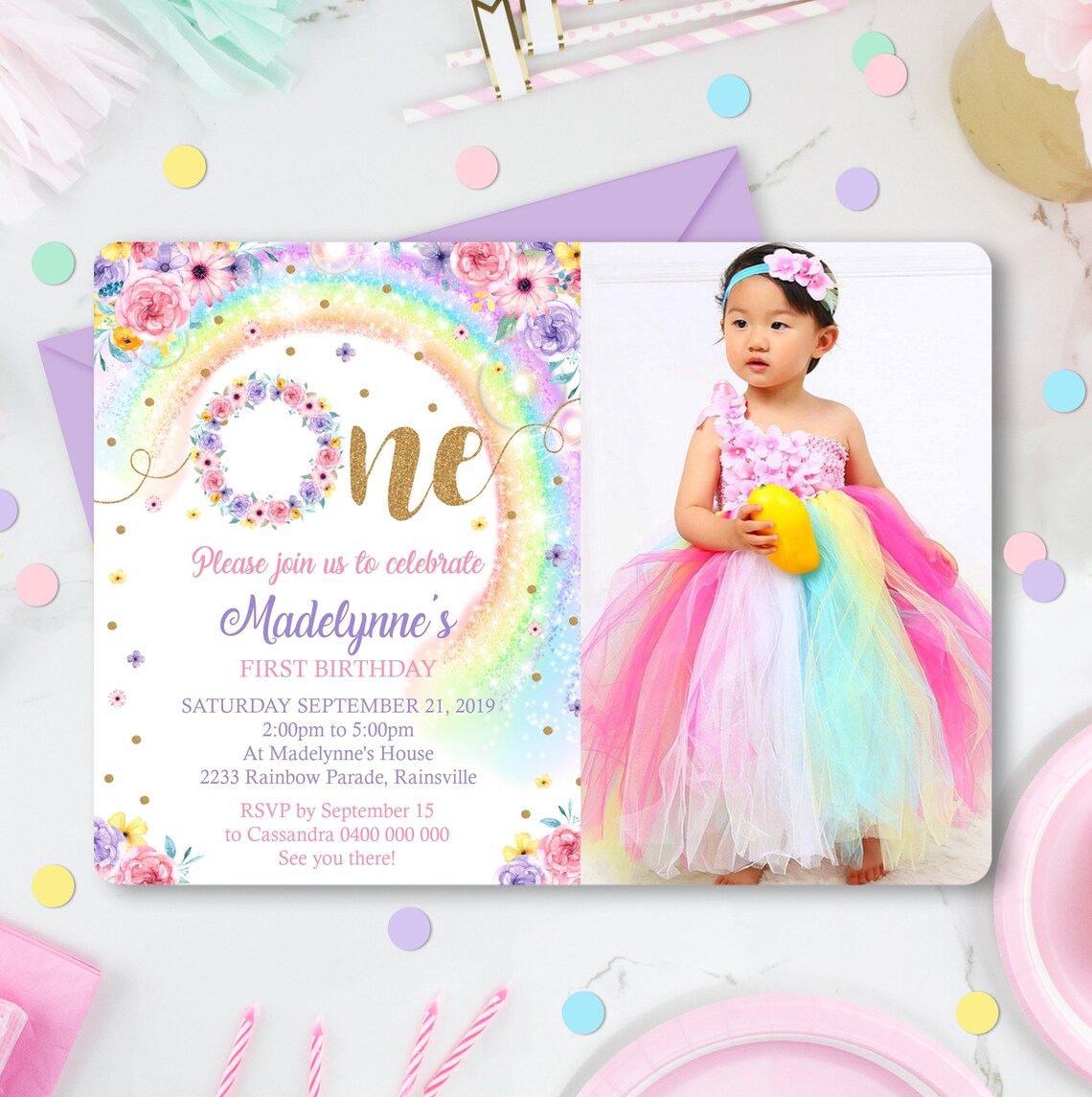 RAINBOW 1st Birthday Invitation Instant Download Rainbow Photo | Etsy