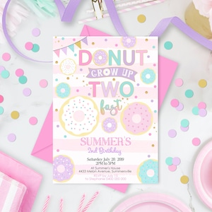 DONUT GROW UP Deux Invitation rapide fille Donut Invitation Donut 2e anniversaire Donut 2e anniversaire modifiable Donut Invitation fille 2e anniversaire