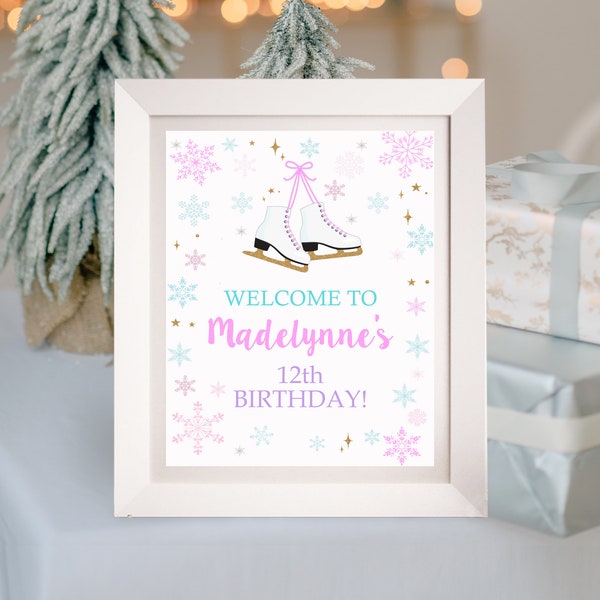 ICE SKATING Birthday Signs Editable Ice Skating Party Sign Corjl Ice Skate Decorations Winter Ice Skating Signs Editable Snowflake Ice Skate