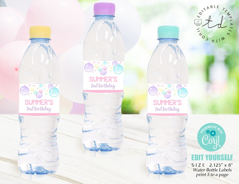 BUBBLES Water Bottle Labels Editable Bubble Water Bottle Etsy