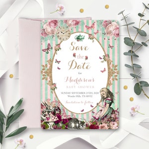 Alice in Wonderland SAVE THE DATE Invitation Alice in Wonderland Save the Date Alice in Wonderland Baby Shower Tea Party Save Date 0263