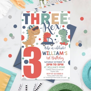 DINOSAUR THREE REX Invitation Dinosaur Birthday Invitation Trex Dinosaur Party Dinosaur 3rd Birthday Invitation Party like a Dinosaur T Rex