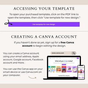 May include: A guide on accessing and using a template, with instructions and a call to action button that says "Use template for new design." It also shows how to create a Canva account and use the Canva app.