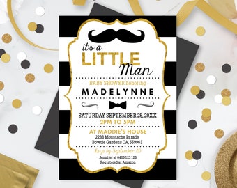 Little Man Baby Shower Invitation: Black and Gold Moustache (Digital Download)