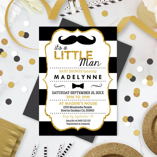 LITTLE MAN Baby Shower Invitations Instant Download Baby Shower Invitation Black and Gold Little Man Baby Shower Moustache Baby Boy Editable