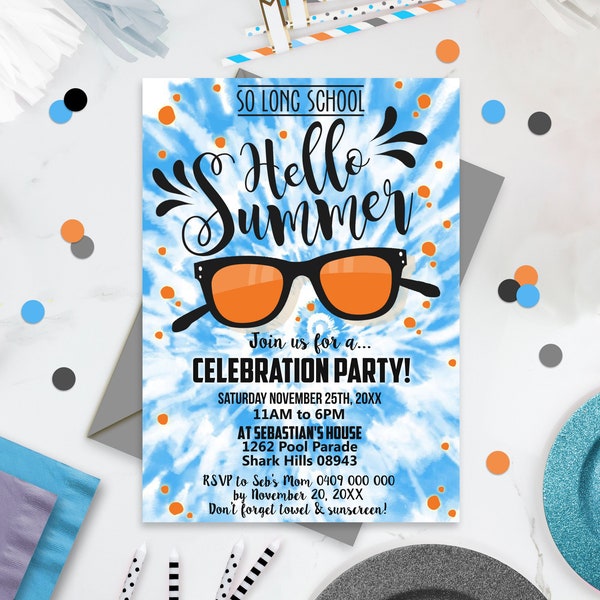 END OF SCHOOL Party Invitation Schools Out Party So Long School Hello Summer School's Out Sunglasses Invitation School's out for Summer