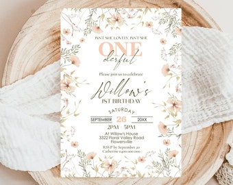 May include: A floral-themed first birthday invitation for a girl named Willow. The invitation features a pink and white floral pattern with the text "ISN'T SHE LOVELY, ISN'T SHE ONE derfut" and "Willow's 1st Birthday". The invitation also includes the date and time of the party, as well as the location.