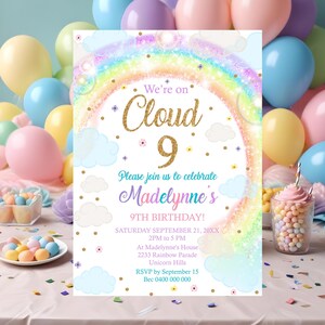RAINBOW CLOUD 9 INVITATION Editable Rainbow Clouds 9th Birthday Invitation Corjl We&#39;re on Cloud 9 Invitations Rainbow Clouds Hearts Invite