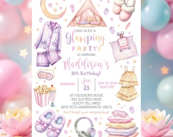 Editable Girl Camping Birthday Invitation: Pastel Watercolor (Digital Download 5x7" Template)