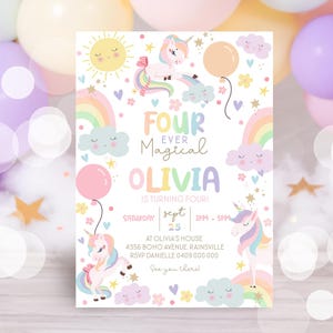 RAINBOW UNICORN 4th Birthday Invitation Editable Four Ever Magical Unicorn Party Invite Digital Pastel Rainbow Unicorn Birthday Download U1