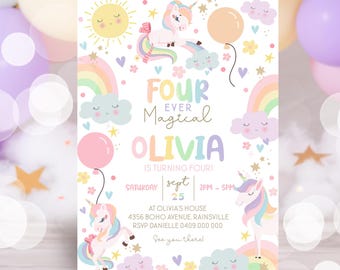 May include: A colorful invitation for a 4th birthday party with a unicorn theme. The invitation features a rainbow, clouds, stars, and the text "Four Ever Magical Olivia is turning four!"  Saturday, Sept 25, 2PM-5PM. At Olivia's House, 4356 Boho Avenue, Rainsville. RSVP Danielle 0409 000 000. See you there!