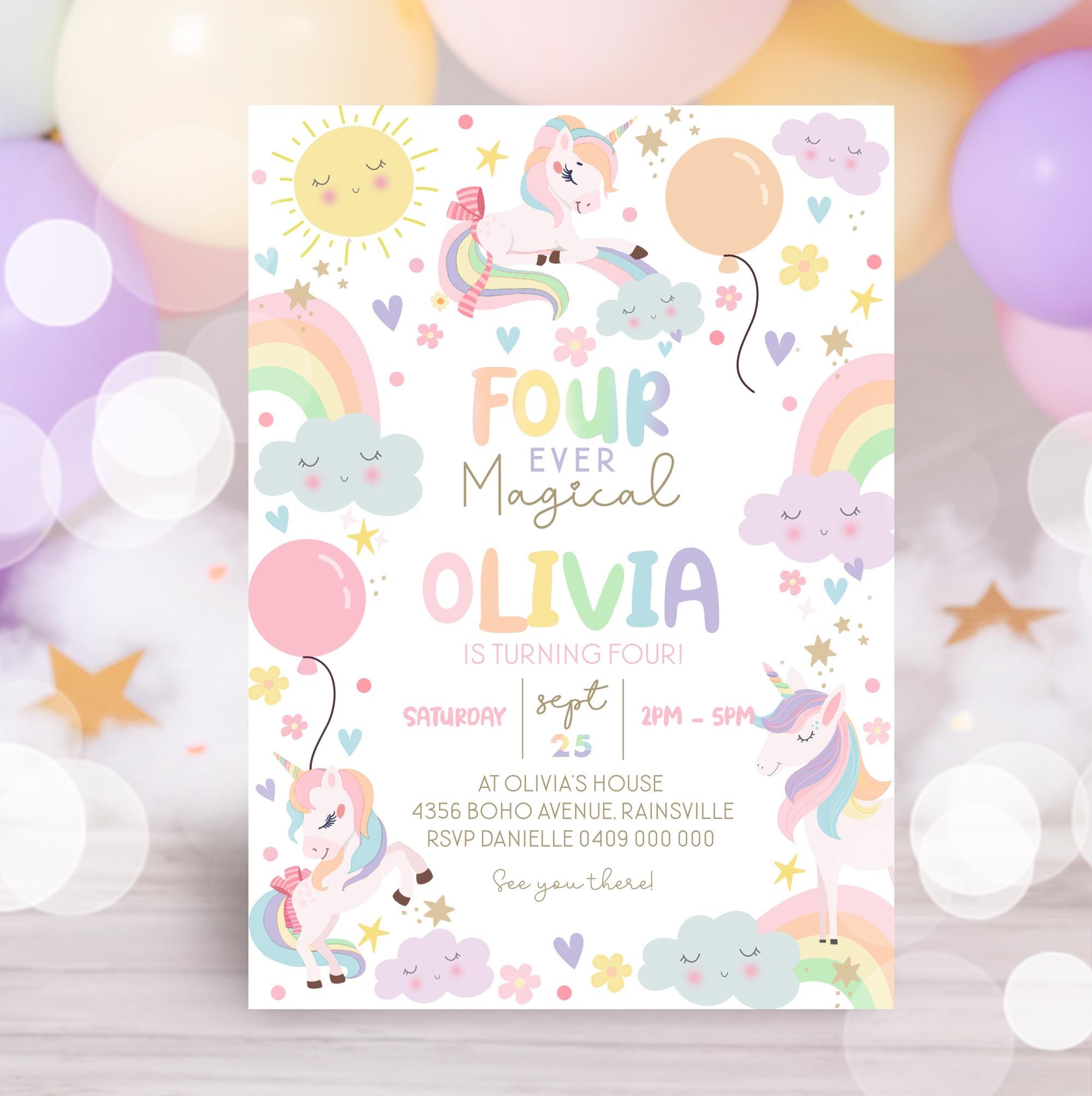 Rainbow Unicorn 4th Birthday Invitation: Editable Four Ever Magical Party Invite (Digital Download)