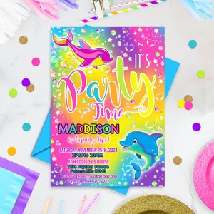 DELFIN Partyeinladung bearbeitbar Regenbogen Delphin Einladung Sofortiger Download Delfin Geburtstagseinladung Regenbogen Delfin Pool Party einladen