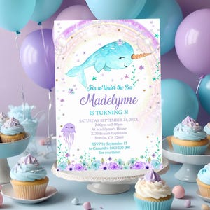 NARWHAL INVITATION Girl Narwhal Birthday Invitation Under the Sea Birthday Invitation Girl Narwhal Party Invitation Instant Download 0268