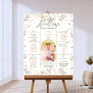 Signe d'étape importante de fleurs sauvages modifiable de carte d'étape importante de fleurs sauvages de fille de 1er anniversaire, modèle d'affiche d'étape importante, fête dans le jardin, premier anniversaire