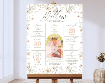 May include: A floral-themed first birthday milestone poster for a baby girl named Willow. The poster features a photo of the baby, along with details about her age, height, weight, favorite foods, and first words. The poster is decorated with pink and green flowers and leaves.