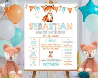 May include: A colorful printable first birthday sign featuring a fox illustration and details about the child, including their name, Sebastian, age, height, weight, favorite foods, and activities. The sign is decorated with a banner of flags and hearts.