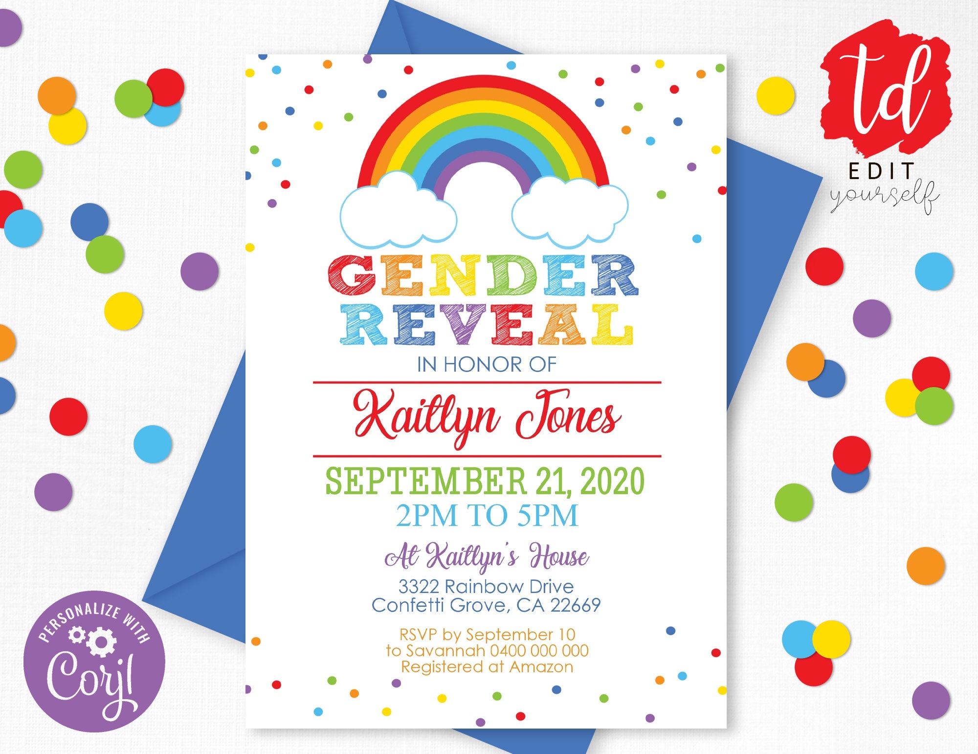 RAINBOW Gender Reveal Invitation Instant download RAINBOW Etsy