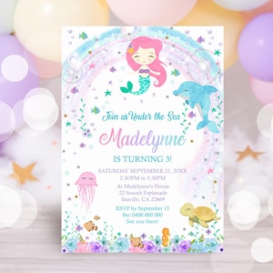 DOLPHIN MERMAID Invitation Editable Mermaid Dolphin Invitation Mermaid Under the Sea Birthday Invitation Editable Under the Sea Party Corjl