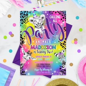PARTY Animals Invitation Editable Cheetah Invitation Digital Rainbow Cheetah Birthday Invitation Safari Animals Party Invitation Rainbow