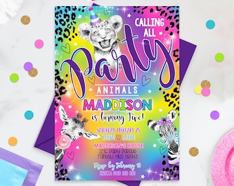 Editable Party Animals Invitation, Rainbow Cheetah Evite (Digital Download)