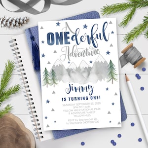 A ONEDERFUL ADVENTURE Invitation Boy Adventure Birthday Invitation Corjl Navy Adventure 1st Birthday Invitation Editable Mountains Birthday