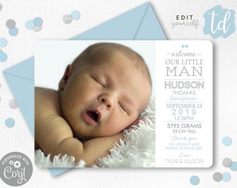 Boy BIRTH ANNOUNCEMENT TEMPLATE Baby Boy Thank you Card Little Man Birth Announcement Boy Birth Announcement Baby Blue Bow Tie Birth Announc