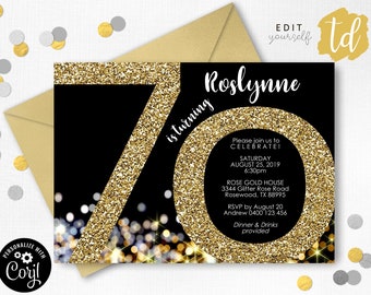 70th Birthday Invitation Instant Download Invitations Gold 70th Birthday Invitation Gold Glitter 70th Invitation Adult Birthday Invitation