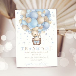 Carte de remerciement montgolfière GARÇON OURS en peluche ours brun modifiable Carte de remerciement pour baby shower, ours numérique Merci Bearly Wait B1
