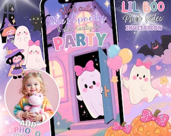 May include: A digital Halloween party invitation with cartoon ghosts, pumpkins, and the text "She's cute, She's Spooky & she's ready to PARTY" on a smartphone. Includes space to add a photo of a child. The words "LIL BOO Photo Video INVITATION" are also visible.