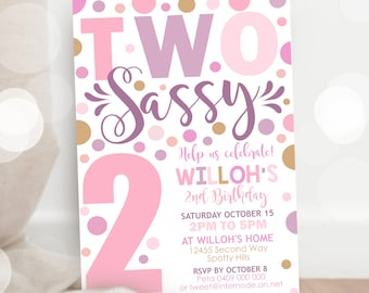Two Sassy 2nd Birthday Invitation: Pink Confetti, Purple Polka Dot (Digital Download)