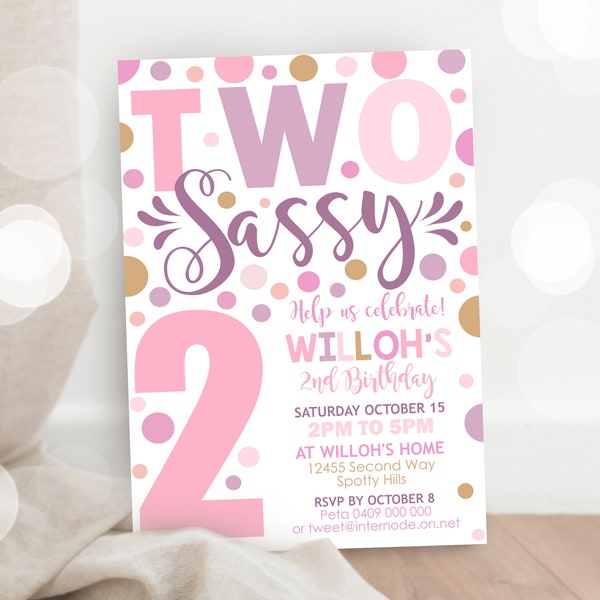 TWO SASSY BIRTHDAY Invitation Editable Confetti 2nd Birthday Invitation Instant Download Girl 2nd Birthday Invitation Pink Two Sassy Invite